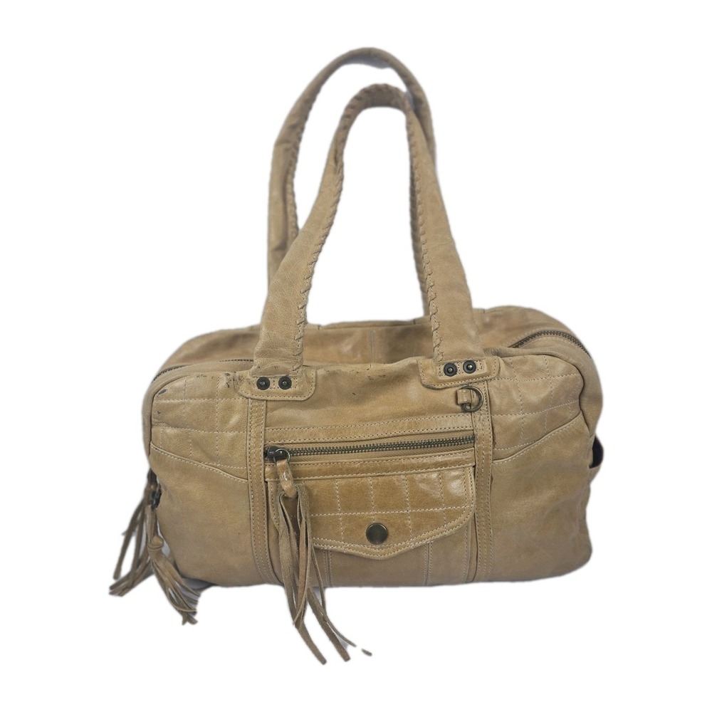 Tano Camel Brown Leather Duffle Style Shoulder Bag Satchel Purple Lined 14x8x6"